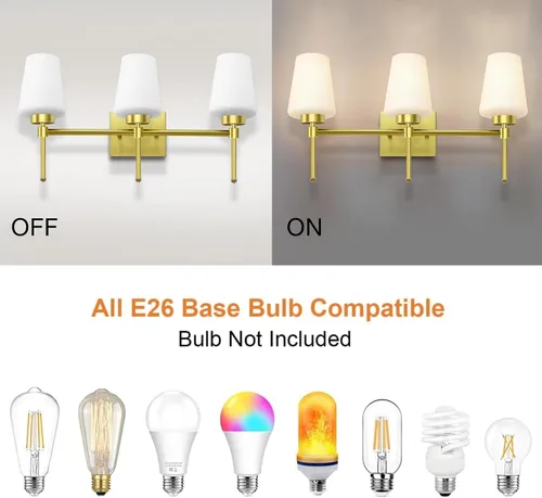 Vista 4 de Lámpara de baño de latón cepillado, 3 luces de 24 pulgadas, aplique de pared moderno con pantalla de vidrio para sobre el espejo, clasificación
