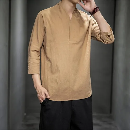 Vista 4 de Camiseta de manga corta de lino sólido con cuello en V para hombre, casual, holgada, ajustada, cómoda