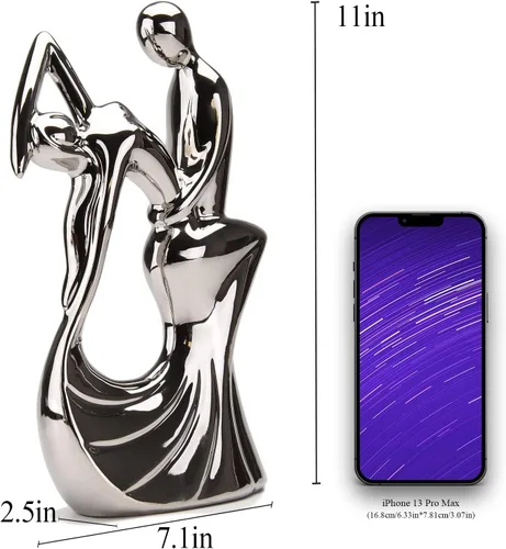 Vista 2 de Escultura romántica de baile de pareja, cerámica galvanizada de plata, 11