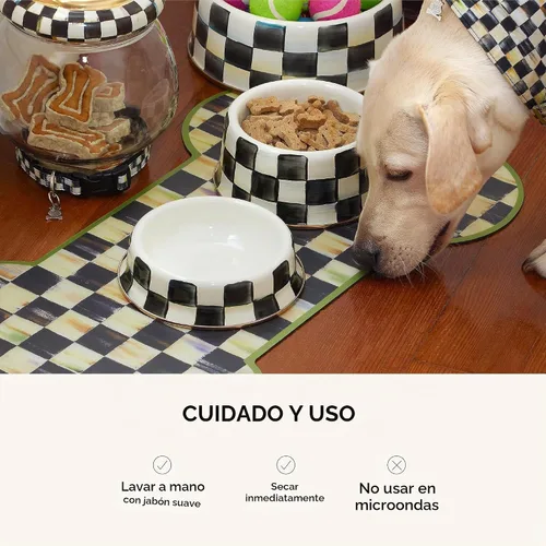 Vista 5 de MACKENZIE-CHILDS - Plato esmaltado para mascotas, pequeño, a cuadros cortesanos en blanco y negro Cuenco decorativo para gatos y perros