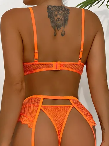 Vista 5 de Avidlove Conjunto de liguero para mujer, lencería sexy de malla con aros, 4 piezas, brasier de cadena S-XXL