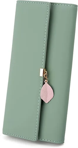 Vista 29 de UTO - Cartera pequeña RFID de piel sintética con dije de hoja, cierre de cremallera y tarjetero.