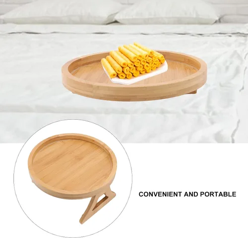 Vista 4 de Bandeja de aperitivos para sofá, textura de madera, bandeja para reposabrazos de sofá, mesa de brazo plegable con clip para aperitivos de café y té