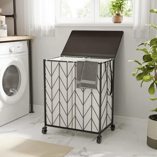 Vista 4 de WOWLIVE Cesta de lavandería con ruedas, cesta de lavandería resistente con tapa de madera, cesta de ropa con bolsa interior extraíble dividida