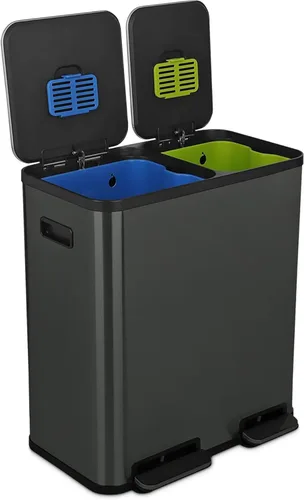 Vista 12 de Cubo de basura rectangular de 70 litros/18.5 galones con pedal, sin contacto manual, doble compartimento para reciclaje de cocina, con tapa Acero