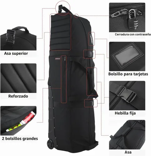 Vista 7 de Bolsa de viaje de golf con ruedas con soporte, ajustable de 2 o 4 ruedas, protección acolchada gruesa, funda de viaje con asas, con cremallera