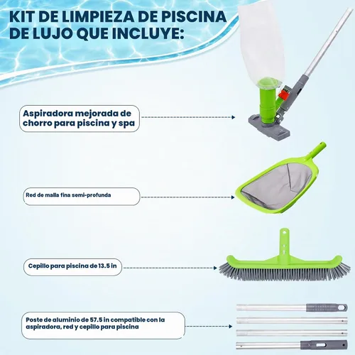 Vista 2 de Sepetrel Kit de limpieza de piscina de lujo con aspiradora de chorro, cepillo, red de skimmer semi-profunda y poste ajustable de 57.5 pulgadas