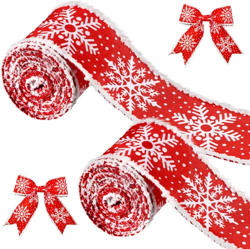 Vista 9 de 2 rollos de cinta de copo de nieve con borde con alambre para árbol de Navidad, cinta decorativa de temporada para Navidad, decoración de invierno