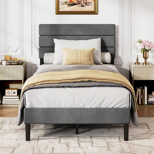Vista 13 de WLIVE Base de cama tapizada, marcos de cama individual con cabecero, cama de plataforma con listones de madera, base de colchón de 600 libras,
