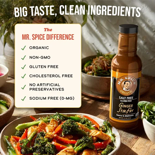 Vista 4 de Mr. Spice Salsa orgánica de jengibre para saltear, sin sal (0 mg/porción), sin gluten, salsas bajas en sodio para marinada, wok y freidora de aire