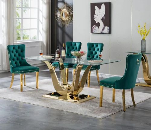 Vista 46 de SSLine Mesa de comedor de cristal dorado de 70 pulgadas para 4-6, base de Mesa de oro floral