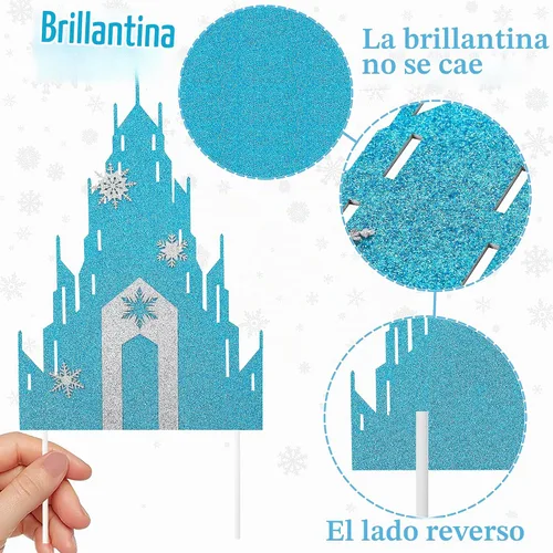 Vista 3 de Decoración de pastel de castillo de congelado, 3 piezas, decoración de copo de nieve con purpurina para fiesta de cumpleaños temática de castillo