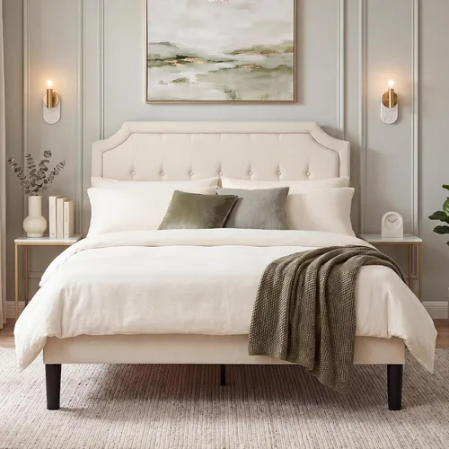 Vista 18 de VECELO - Base de cama tapizada con plataforma individual con cabecera ajustable de panel cosido con botones, fuerte soporte de listones de madera