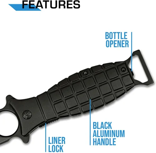 Vista 6 de MTECH USA Cuchillo plegable - Hoja de acero inoxidable negro, mango estilo granada de aluminio negro con abrebotellas y clip de bolsillo, EDC