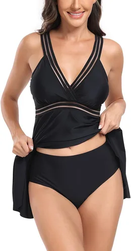Vista 7 de Traje de baño para mujer de talla grande, vestido de natación con cuello en V, traje de baño de cintura alta, traje de baño conservador de retazos