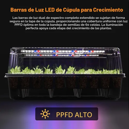 Vista 2 de Patigrow Bandeja de inicio de semillas de riego automático de 60 celdas con luz de crecimiento, kit de inicio de semillas con cúpula de humedad
