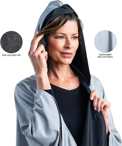 Vista 2 de Capa de lluvia para mujer, chaqueta tipo poncho con capucha, reversible, hermosa, ultra suave "Negro y peltre