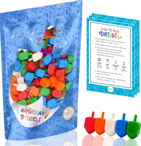 Vista 6 de The Dreidel Company Paquete de 10 Dreidels de Hanukkah de plástico multicolor con transliteración en inglés, incluye tarjetas de instrucciones