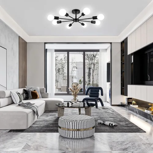 Vista 3 de Lámpara de Techo Semiempotrada de 23.62'', Candelabro Moderno de 8 Luces Negro para Sala de Estar, Candelabro de Luces Sputnik para Dormitorio