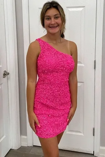 Vista 5 de UZN Vestidos cortos de lentejuelas de un hombro para mujer, vestidos cortos para adolescentes, vestidos de cóctel con purpurina brillante