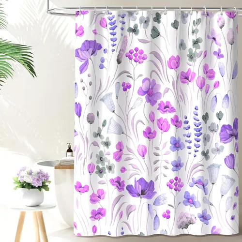 Vista 10 de QiyI Cortina de ducha floral de acuarela, cortina de baño de primavera con estampado de flores, decoración del hogar, lavable a máquina, cortina