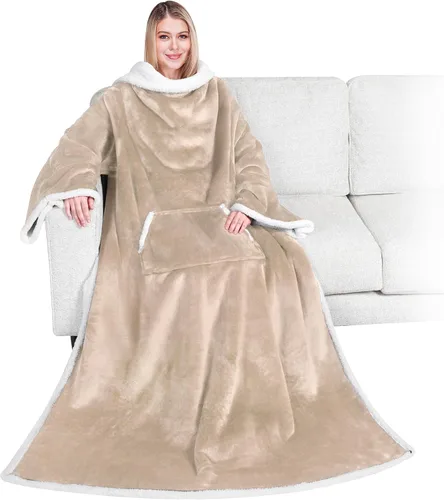 Vista 21 de PAVILIA Manta Sherpa Vestible con Mangas y Bolsillo, Manta Corporal Envolvente Gruesa de Felpa Acogedora para Adultos Mujeres Hombres, Regalo
