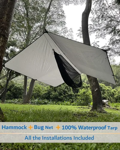 Vista 3 de Sunyear Hamaca para acampar con lona y red para mosca de lluvia, hamaca portátil para campamento, hamaca doble árbol, hamaca para exteriores