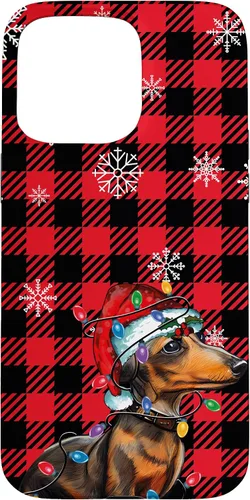 Vista 31 de iPhone 16 Dachshund Christmas Phone Case Red Plaid Pattern Christmas Lights Case