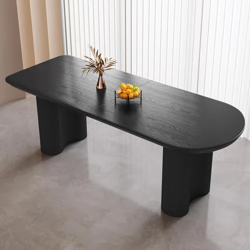 Vista 10 de Mesa de comedor negra de 55 pulgadas, una mesa rectangular de extremo redondeado con patas de diseño ondulado para cocina, comedor, oficina en casa