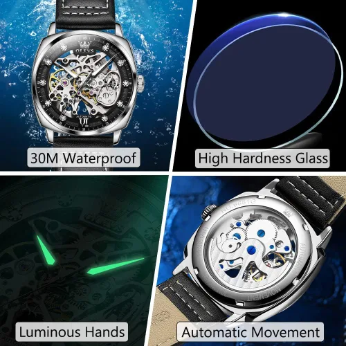 Vista 5 de OLEVS Relojes de esqueleto para hombre, reloj clásico de muñeca pequeña con esfera de diamante automático, reloj Tonneau impermeable retro cómodo