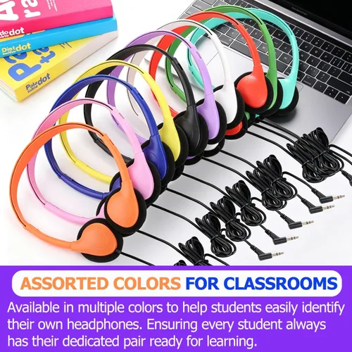 Vista 8 de Paquete de 10 auriculares para niños a granel para el aula escolar, auriculares multicolor con cable para estudiantes, auriculares ajustables