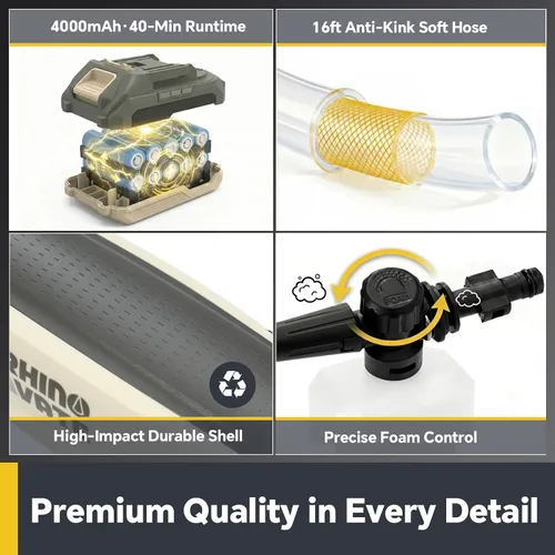 Vista 6 de Lavadora a Presión Inalámbrica, 1280 PSI Lavadora de Potencia Portátil, Alimentada por Batería de 4.0Ah con Fuente de Agua Dual, Boquilla 6-en-1