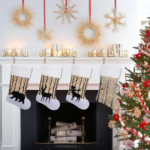 Vista 5 de Calcetín de Navidad rústico de arpillera de 20 pulgadas con diseño de cardenal, decoración de repisa de chimenea, cardenal rojo navideño Birch