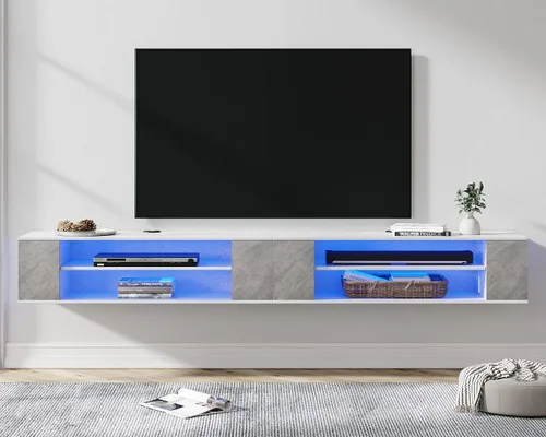 Vista 2 de WAMPAT Soporte de TV flotante 2 en 1 con luces LED, centro de entretenimiento flotante de 79 pulgadas de hasta 80 pulgadas, gabinete de TV, consola