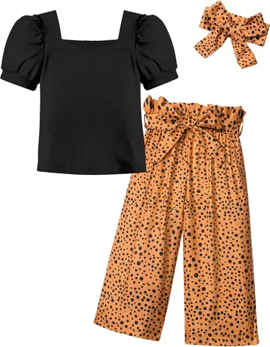 Vista 18 de DONWEN Conjunto de 3 piezas de ropa para niñas pequeñas y niñas con cuello cuadrado + pantalones elegantes + diadema para primavera y verano
