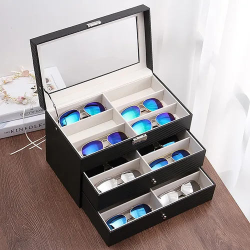 Vista 3 de Nicunom Organizador de lentes de sol con 18 ranuras para coleccionista gafas de sol caja de almacenamiento de gafas con cajón con cerradura
