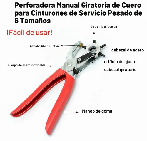 Vista 2 de Perforadora de agujero de cuero, perforadora de agujero de cinturón de 9 pulgadas para cuero resistente, perforadora giratoria de 6 tamaños