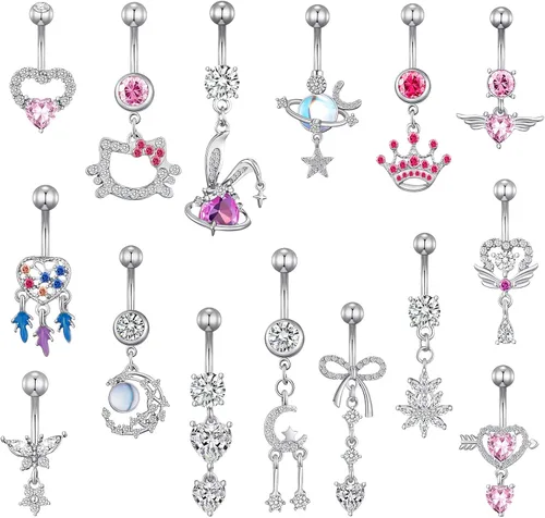 Vista 6 de TAMHOO - Paquete de 15 anillos para ombligo de 14 G de acero inoxidable con circonita cúbica AAA para mujer