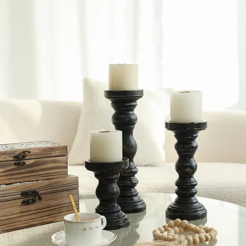 Vista 3 de SWALLOWLIVING Juego de 3 Portavelas de pilar de madera estilo rústico granjero para candelabro, Negro