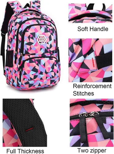 Vista 4 de JiaYou Niña Flor Impreso Primaria Junior High University School Bag Bookbag Mochila, 2# Rosa-3pcs, Viajar
