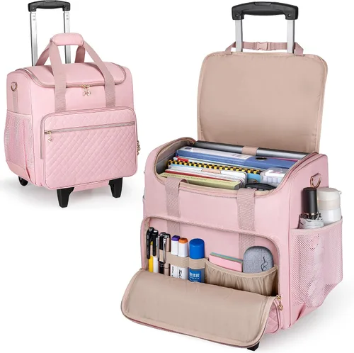 Vista 10 de LUXJA Bolsa rodante para profesores con compartimento para laptop y dolly desmontable, bolsa de mano rodante multifuncional para profesores