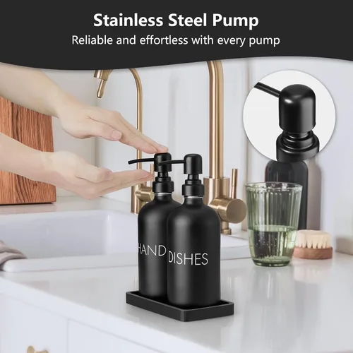 Vista 5 de Juego de dispensador de jabón negro para platos y manos, dispensador de jabón de cocina de vidrio con bandeja y bomba de acero inoxidable