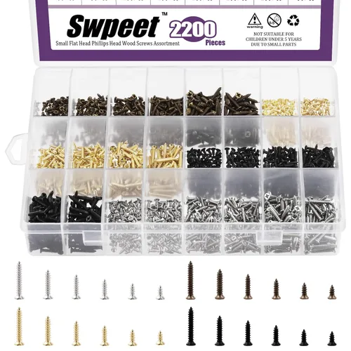 Vista 9 de Swpeet Kit surtido de tornillos de madera de 1295 piezas, tornillos de cabeza plana autoperforantes, 0.197 in-0.630 in (negro)