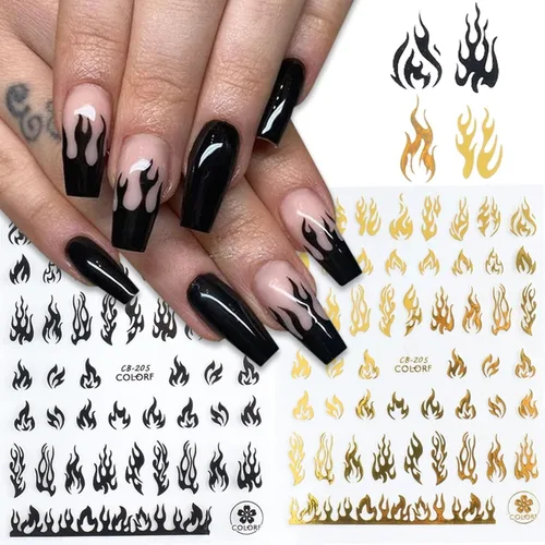 Vista 2 de 10 hojas de calcomanías de arte de uñas, calcomanías de arte de uñas doradas y negras, diseño de llama, calcomanías de uñas autoadhesivas 3D