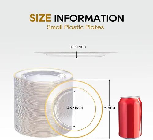 Vista 3 de FOCUSLINE Platos pequeños de plástico transparente dorado de 7 pulgadas, 100 unidades, platos transparentes desechables resistentes con borde