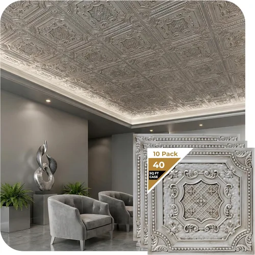 Vista 51 de De normal a hermoso en horas DCT04 Elizabethan Shield - Azulejos de PVC para techo de 2 x 2 pies (cubre 100 pies cuadrados), blanco negro antiguo