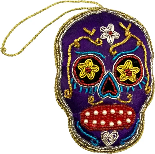 Vista 14 de Adorno de Navidad adornado con corazón verde, bordado Zari Zardozi dorado con cuentas y perlas de imitación, bolsa de presentación