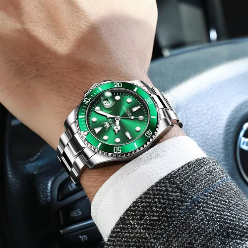 Vista 3 de OLEVS Reloj para hombre, esfera grande, dorado, plateado, acero inoxidable, analógico, de cuarzo, con fecha, bisel giratorio de lujo, impermeable