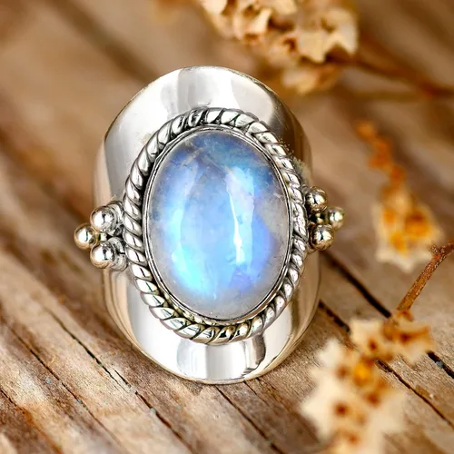 Vista 2 de Boho-Magic Anillo de plata de ley con piedra lunar para mujer, joyería bohemia, piedra preciosa ovalada