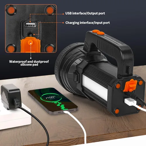 Vista 5 de Linterna de Mano LED Superbrillante de Luz Amarilla, Linterna de Búsqueda Potente Recargable por USB con Función de Banco de Energía, Linterna Luz